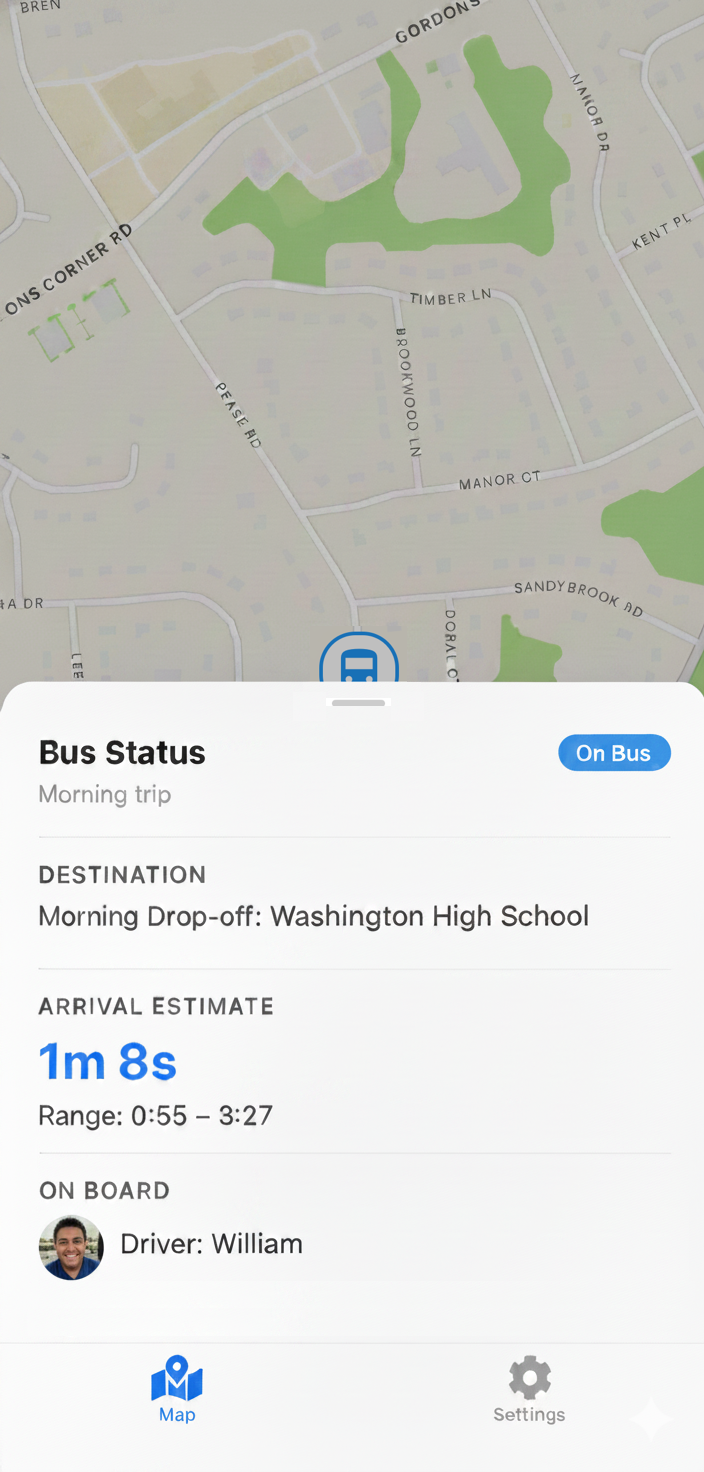 BusStopLive bus status screen showing arrival estimate